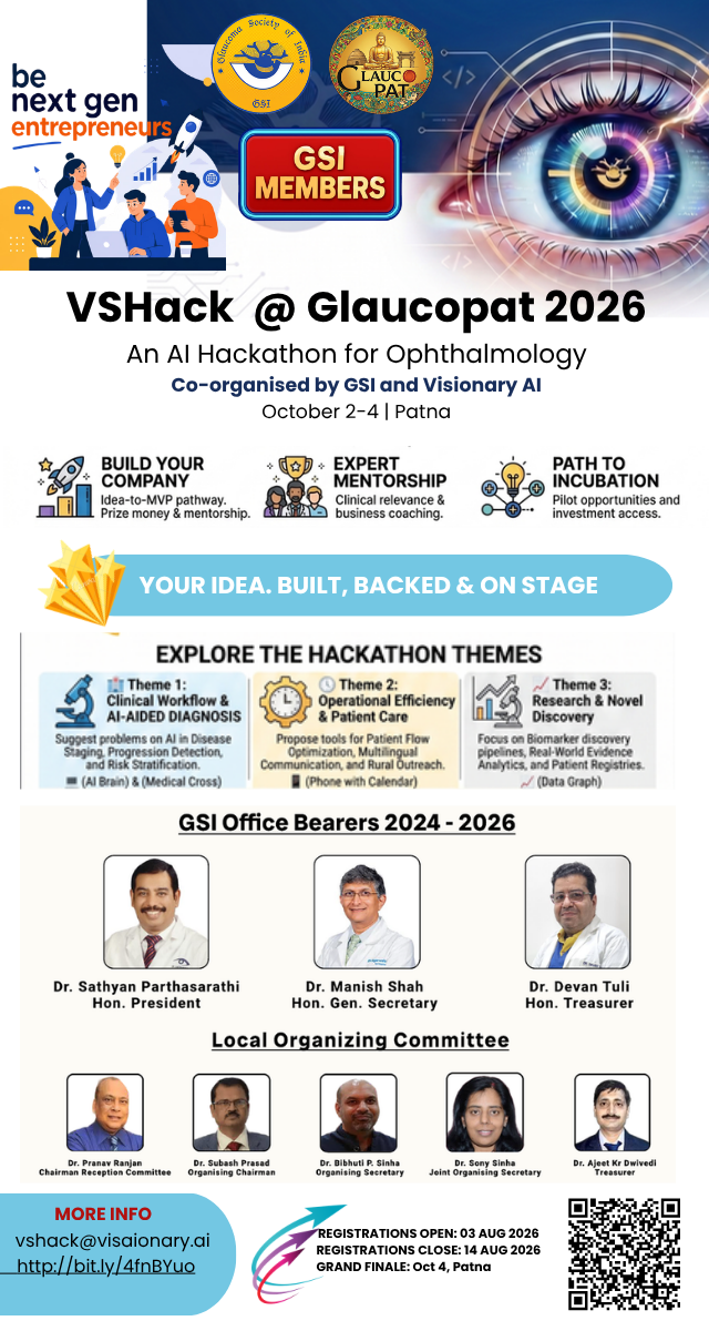 VSHack at Glaucopat 2026 poster. Co-organised by GSI and Visionary AI. 2–4 October, Patna.
